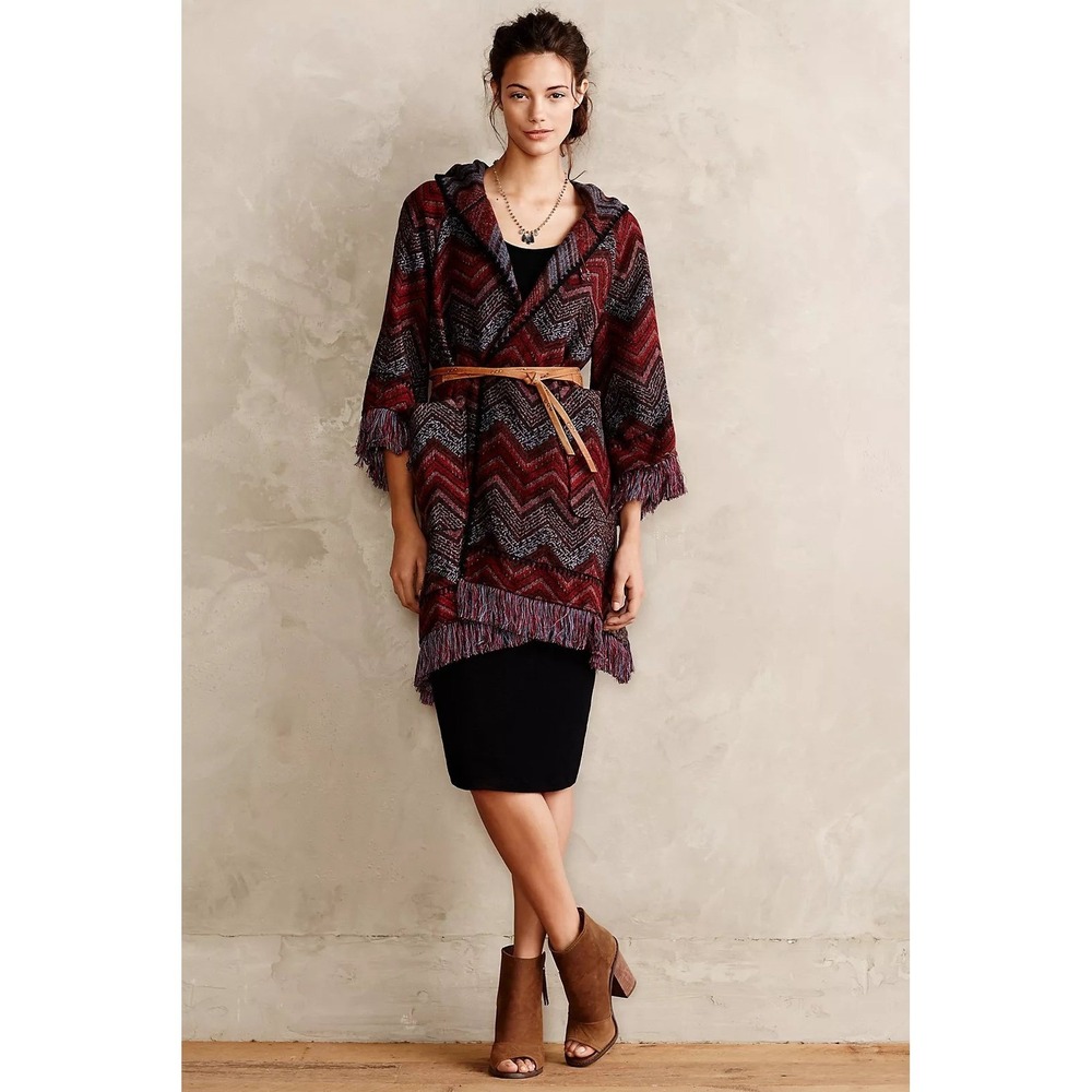Anthro Hei Hei Mesilla Jacquard Fringe Hood Cardigan Oversized XS/S Western - Picture 2 of 16